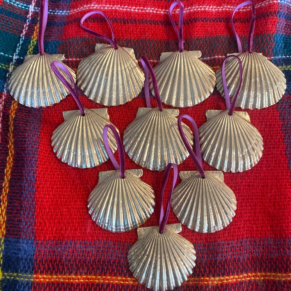 Lot of 10 Gold Shell Ornaments with Maroon Velvet Ribbon
